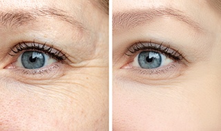 Closeup of patient's wrinkles before and after BOTOX® 