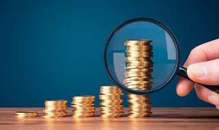 Stacks of coins examined with magnifying glass